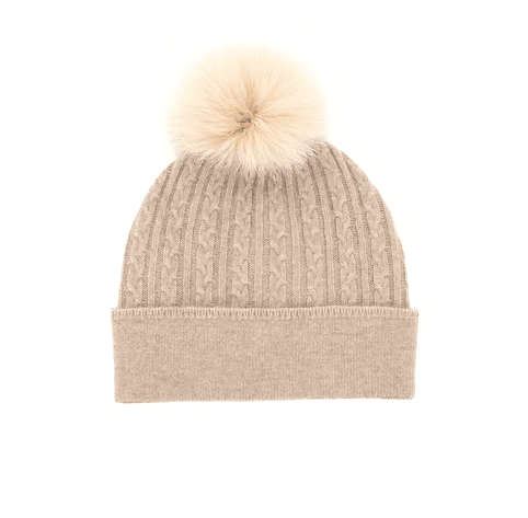 Mitchie's Matchings Women's Cable Knit Hat with Plain Cuff and Fox Pom