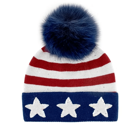 Mitchie's Matchings Women's USA Hat with Sequin Stars & Fox Fur Pom