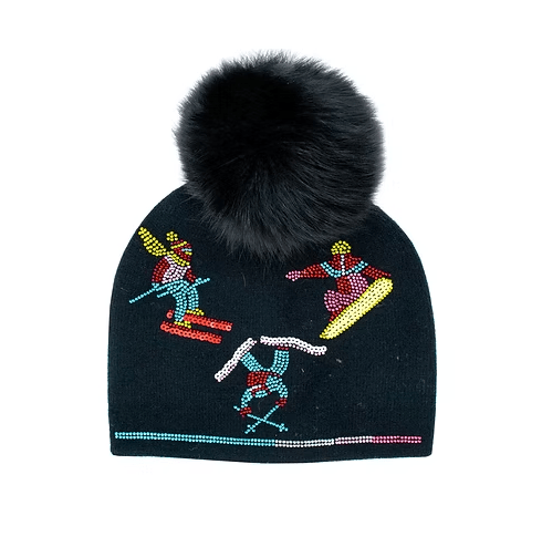 Mitchie's Matchings Women's Beanie with Crystal Skiers & Fox Fur Pom
