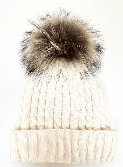 Mitchie's Matchings Women's Cable Knit Beanie with Fleece Lining and Blush Fox Pom